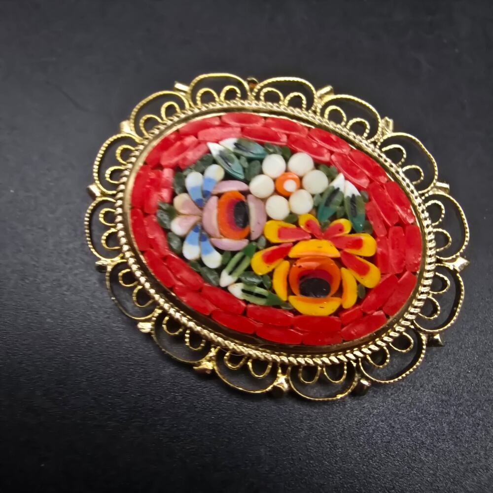 Micro Mosaic Brooch Red Floral Flower Vintage Costume Jewelry